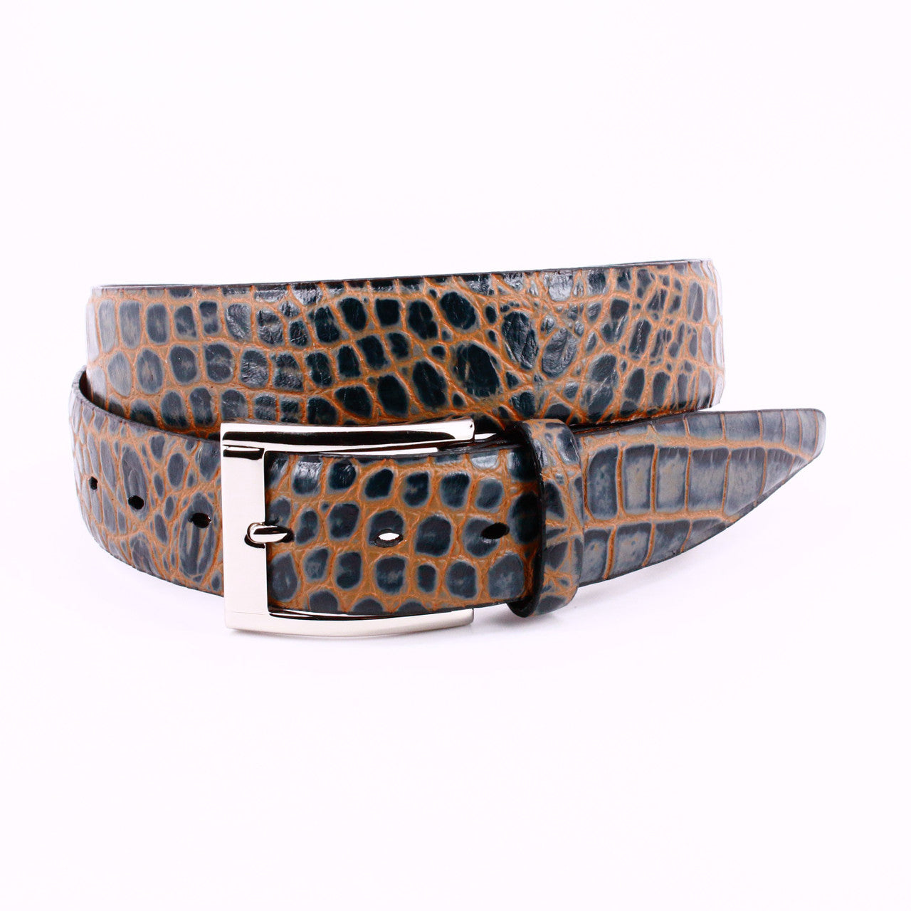 Torino Faux Crocodile Embossed Calfskin Dress Casual Belt in Grey with Tan