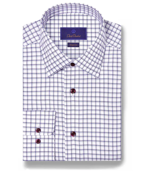 David Donahue - White & Merlot Windowpane Check Dress Shirt