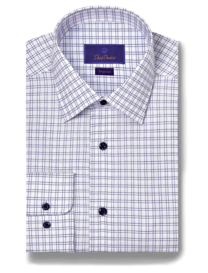 David Donahue - White & Navy Dobby Check Dress Shirt